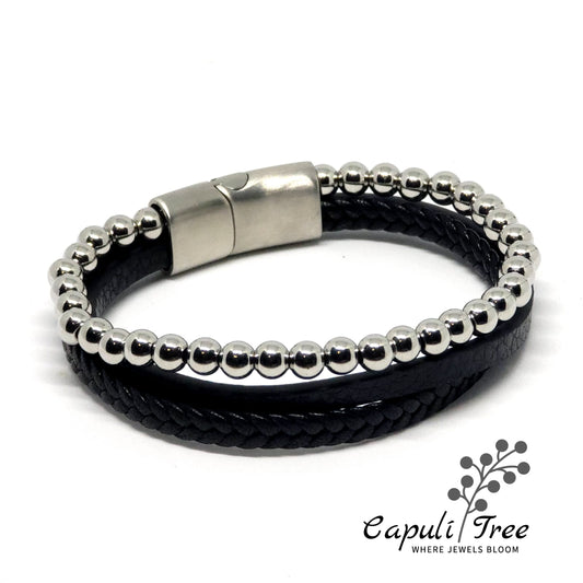 Steel Beads Leather Bracelet