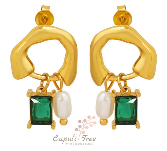 18K GOLD PLATED STAINLESS STEEL "EMERALD PEARL" EARRINGS