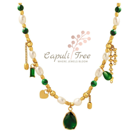 18K GOLD PLATED STAINLESS STEEL "EMERALD AND PEARLS" NECKLACE