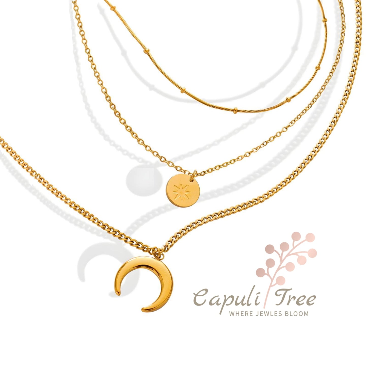 18K GOLD PLATED STAINLESS STEEL "STAR AND MOON" NECKLACE